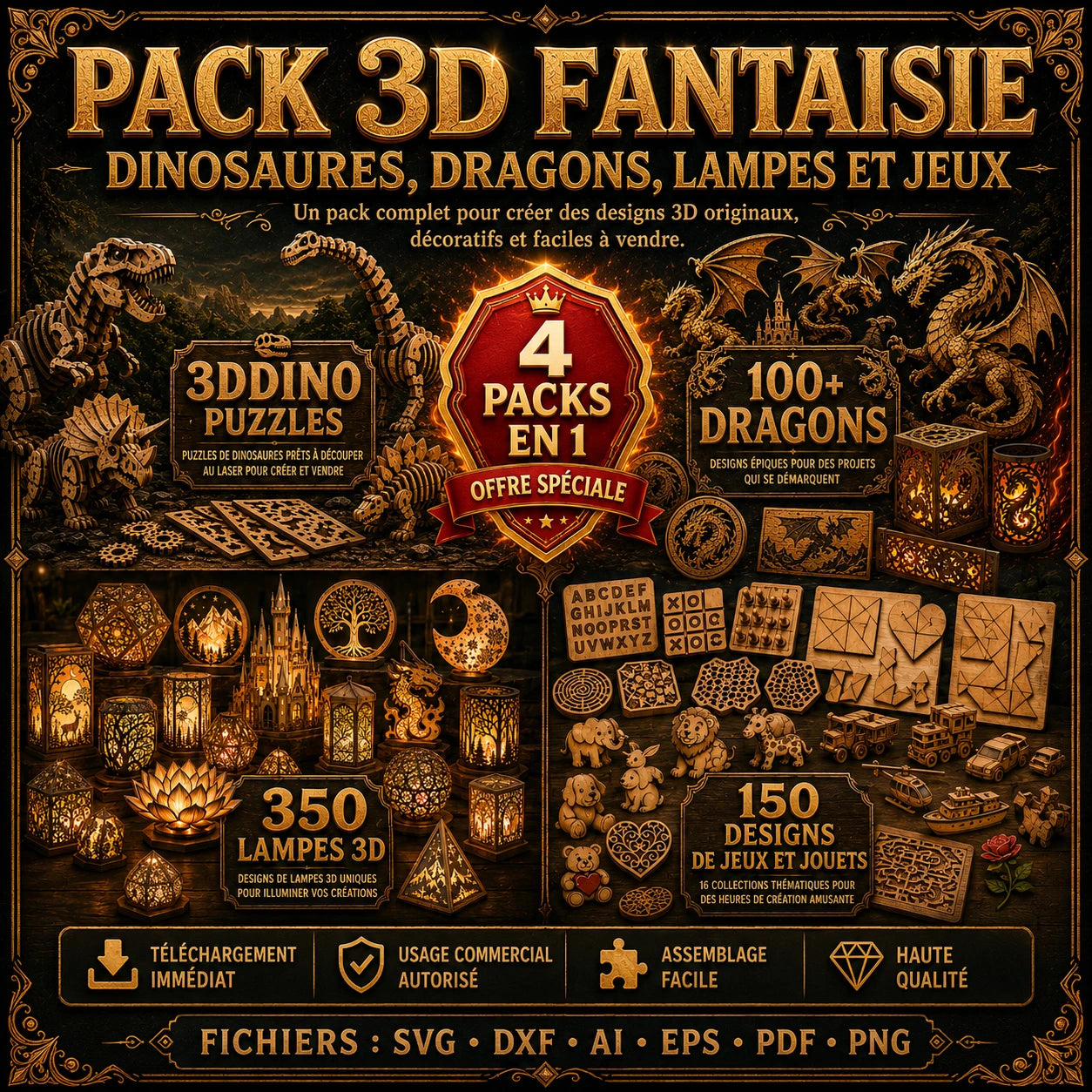 Pack 3D Fantaisie — Dinosaures, Dragons, Lampes et Jeux