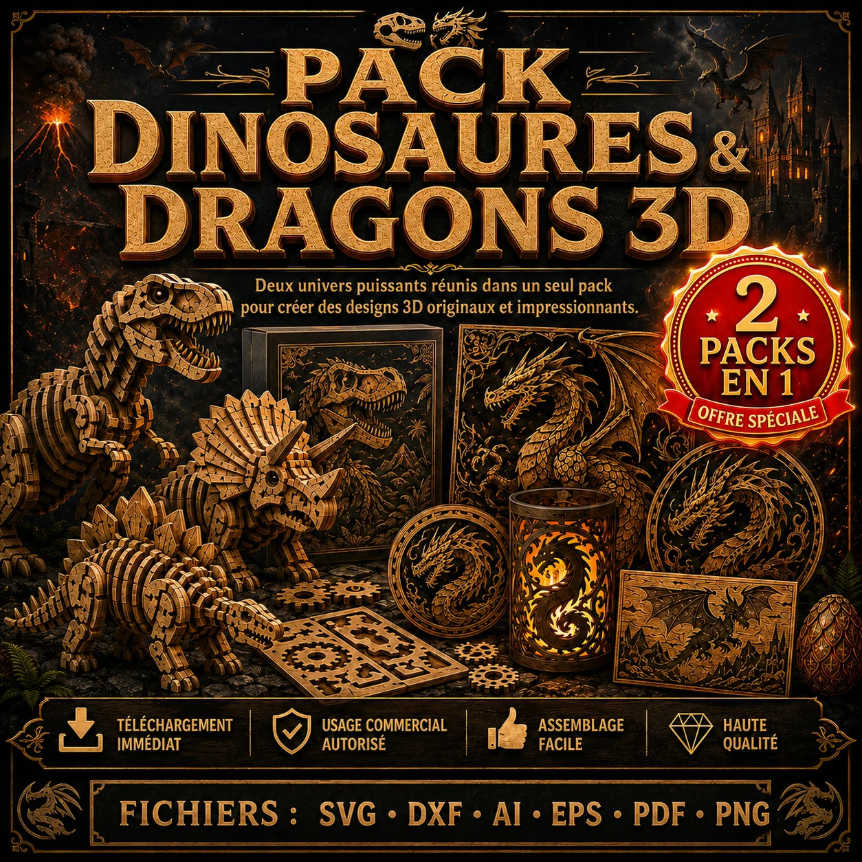 Pack 2 en 1 — Dinosaures & Dragons 3D